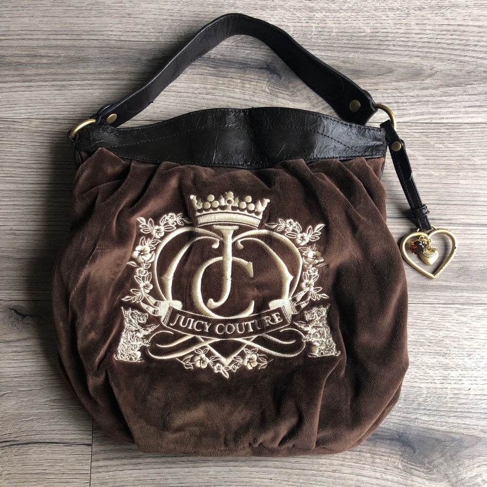 Vintage Juicy Couture Y2K Dark Brown Velour Hobo Bag Shoulder Bag Purse Handbag